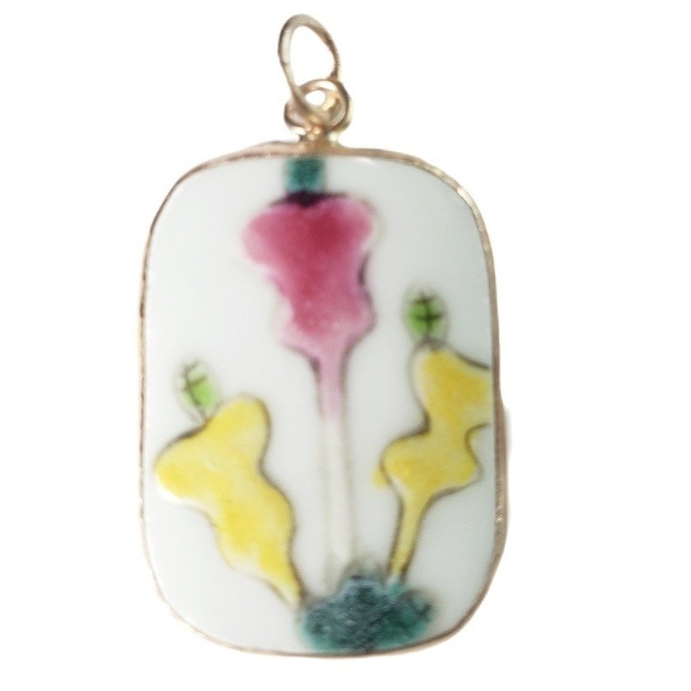 Vintage Handpainted Porcelain Floral Pottery Shard Pendant Ceramic Pink Cyclamen